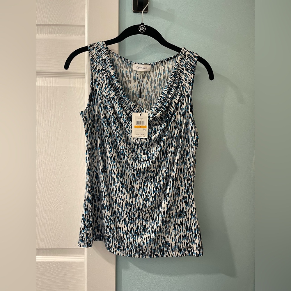 Calvin Klein Blue & White Printed Cowl Neck Blouse - Picture 3 of 6